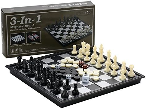 MAZEX 3-in-1 Folding Travel Magnetic Chess & Checkers & Backgammon Chess Set for Kids or Adults Chess Board Game 9.8X9.8X0.8inch (Black&White Chess Pieces)