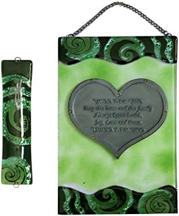 Glass Home Blessing and Mezuzah Set, Heart Shape Pewter Plaque With Blessing Swirl Design Green Shades with Waves Design Blue Rhinestones Comes with Chain Blessing Size: 6.75" Tall x 4.25" Wide Mezuzzah Size: 4.5" Tall