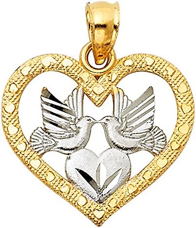 ZenJewelsSolid 14k Yellow White Gold Heart Love Birds Pendant Charm Diamond Cut Religious Design 16 x 18 mm
