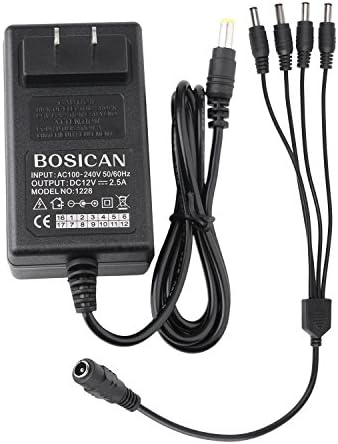BOSICAN Security Camera Power Adapter 12V 2.5A 100V-240V AC to DC 2.1x5.5mm w/ 4-Way Power Splitter Cable FCC Certified LED Power Adapter Transformers-Fits Analog/AHD DVR/Camera, RGB LED Strip Lights