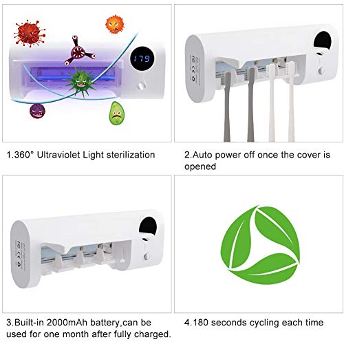 Solar-Power UV Sanitizer Toothbrush Holder, Bathroom Toothbrushes Holder Wall Mounted with Sterilization Function, USB Charging with 2000mAh Battery