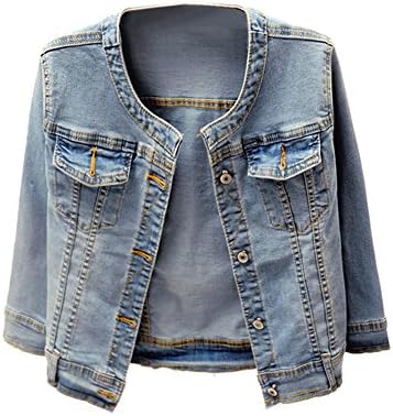 Denim Jackets Trendy XU Washed Three Quarter Sleeve Stretch Collarless Short Jeans Coat