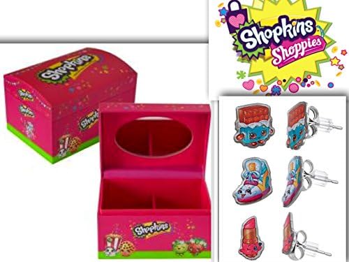 Adorable Shopkins Jewelry & 3 Earring Value Bundle: Small Mirror Jewelry Box & 3 Pack of Earrings (Cheeky Chocolate, Sneaky Wedge Lippy Lips)