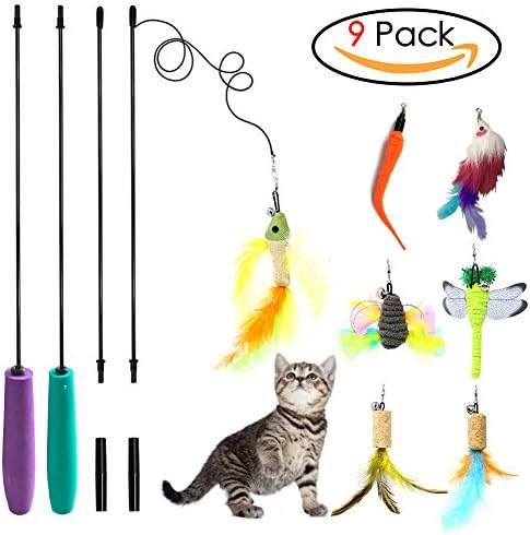 SunnySunnie Cat Toys Interactive, Feather, Teaser Wand Set,Bird Butterfly Dragonfly Worm Mouse Catcher for Kitten Catnip, 9 Refills