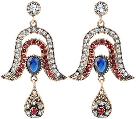 Vintage Crystal Drop Earrings, Antique Gold Plated Colourful Crystal Wedding Earrings, Unique Turkish Jewelry for Women Party Gifts