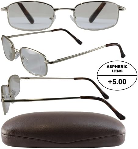 Men's High-Powered Reading Glasses: Gold Frame and Brown Case +5.00 Magnification Aspheric Lenses