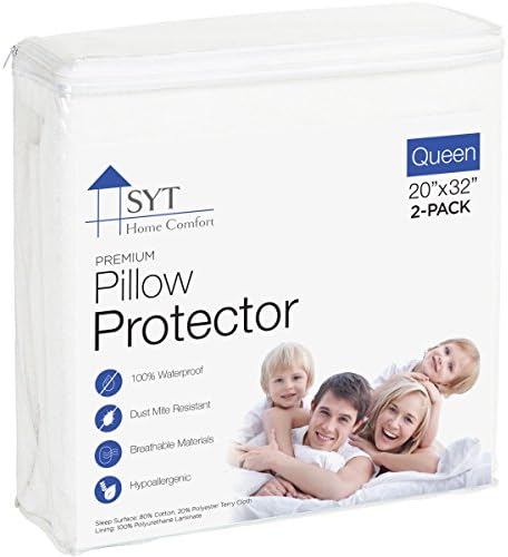 Pillow Protector By SYT Home Comfort, 100% Waterproof, Hypoallergenic, Multiple Sizes, Cotten Terry, 2 Pack (Queen)