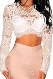 Zkess Women's Long Sleeve Party Club Lace Crop Top