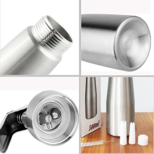 Professional Whipped Cream Dispenser 1 Pint send with Bonus Recipe Ebook/Whipped Cream Dispenser Gift with 3 Decorating Plastic Nozzles Charger Holder Cleaning Brush(Aluminum 500ML)