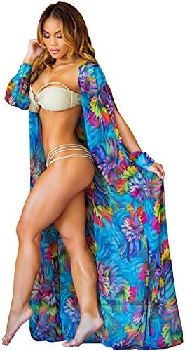 Beach Cover Ups For Swimwear Women - Chiffon Kimono Cardigan Long Floral Print Swimsuit Cover-Ups Bikinis Bathing Suit Beach Wear Dresses (L, Blue)