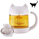 NZQXJXZ Cute Cat Tail Tea Cup with Detachable Fish Infuser Filter, Glass Teacup, Cats Tail Coffee Mug Tea Lovely Cup for Children Girl