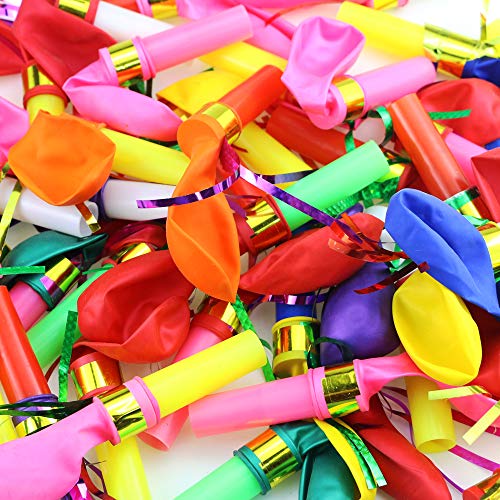 Neworkg 100pcs Multicolor Noisemakers Blowouts Party Horns with Balloons, Glitter Fringed Balloons Whistle, Party Whistles and Streamers, Bulk Toys, Birthday Party Favors, Party Accessory for Kids - Thumbnail 4