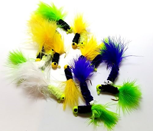 RAH Crappie Jigs (10 Pack) Assorted Colors - Lead Head Hook With Marabou &amp; Chenille For Bass Pike Walleye Fishing Jig With Feather - Fishing Hard Lure Accessory - Ice Fishing Jigs (1/8 Oz, 10 Pcs)