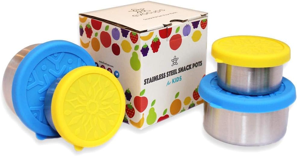 Set of 4 - Kids Stainless Steel Food & Fruit Container Snack Pot Set, w/Silicone Leakproof Lids | Plastic Free Healthy Alternative to Single Use Food Containers, Tupperware & School Lunch Box