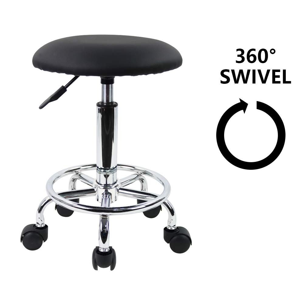 KKTONER Swivel Rolling Stool with Footrest Height Adjustable PU Leather Salon Vanity Spa Massage Office Stool Chair Small (Black): Kitchen & Dining