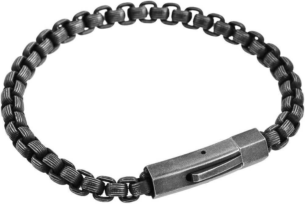 Geoffrey Beene Men's Stainless Steel Pattern Box Chain Bracelet (Antique Black): Clothing