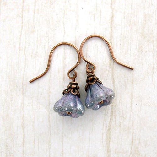 Lavender Purple Czech Flower Bead Earrings in Antiqued Copper