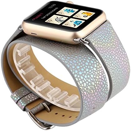 Leather Double Tour Watch Band 42mm, Iridescent Bling iWatch Strap Wristband with Metal Adapter for 42mm Apple Watch Series 3/Series 2/Series 1 (42mm,Grey)