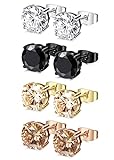 FIBO STEEL 4 Pairs Stainless Steel Round Stud Earrings for Men Women Ear Piercing Earrings Cubic Zirconia Inlaid,3-8mm