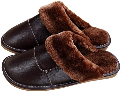SAMSAY Unisex Genuine Leather House Slippers Warm Soft Plush Fleece Lined Sandals Shoes