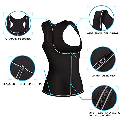 Women Waist Trainer Corset Neoprene Sweat Sauna Vest with Zipper for Weight Loss Tummy Control Fat Burning Slim Body Shaper (#2 Black Hot Vest (with Silvery Reflective Stripe), M (US 10))