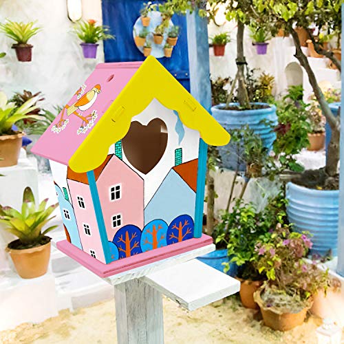 2 Pack Wooden DIY Bird House Kits for Kids, Crafts Wood Arts for Boys Girls Ages 3-8, Unfinished Bird House for Kids to Build and Paint(12 Paints+ 2 Brushes)