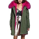 khaki green coat with pink fur hood