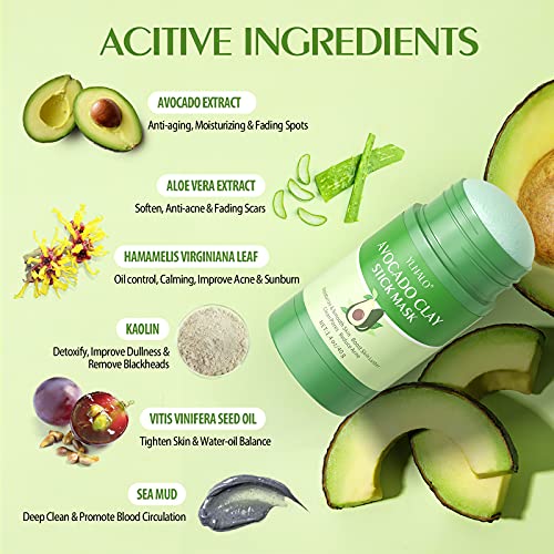 Clay Stick Mask for Blackheads Remover and Pores, Purifying Clay Stick Mask Avocado Dead Sea Mud Mask with Gua Sha Tool, Facial Mask Moisturizes, Improve Skin Dullness, Oil Control and Anti-Acne