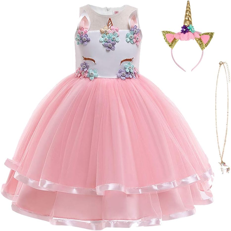 URAQT Unicorn Costume Pink Dress with Necklace Headband 140cm