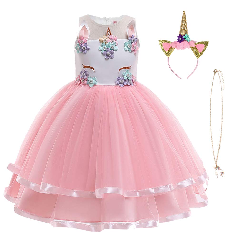 Photo 1 of URAQT Unicorn Costume, Princess Unicorn Dress Fancy Dress with Necklace, Headband for Kids & Toddlers Halloween/Birthday/Cosplay/Christmas Party, Pink, 150CM
