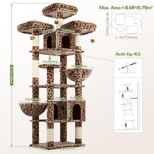 Globlazer Leopard Cat Tree XXL 209 cm with 3 Padded Perches, 2 Niches, Large Platforms, 2 Baskets, Plush Toys, Huge, Stable Cat Trees for 3-5 Cats Indoor (F82, Leopard)