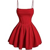 SHENHE Women's Ruched Corset Dress Spaghetti Strap Fit and Flare Flowy Skater Mini Cami Dress