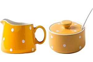 CHOOLD Chic Polka Dot Ceramic Sugar and Creamer Set with Spoon Creamer Serving Set for Coffee and Tea(Pink/Blue/Yellow)
