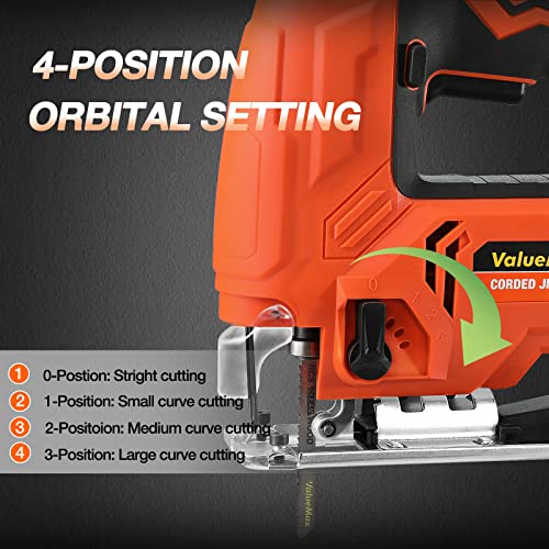 ValueMax Jig Saw, 5.0AMP Jigsaw Tool Kit with 6 Variable Speeds, 4-Position Orbital Setting, ±45° Bevel, Dust Blower and 6PCS Blades, 800-3000SPM, Corded Jigsaw for Wood, Metal and Plastic Cutting