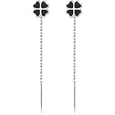 Reffeer Solid 925 Sterling Silver Leaf Clover Dangle Earrings Chain for Women Teen Girls Black Leaf Tassel Drop Earrings Threader