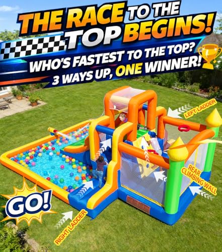 HuaKastro Giant Water Slide & Bounce House for Big Kids, 3 Climbing Routes Race to the Tall Slide, Dry Jumping Area, 4-Sprayer Water Fun and Big Splash Pool, Backyard Waterpark for Kids Party