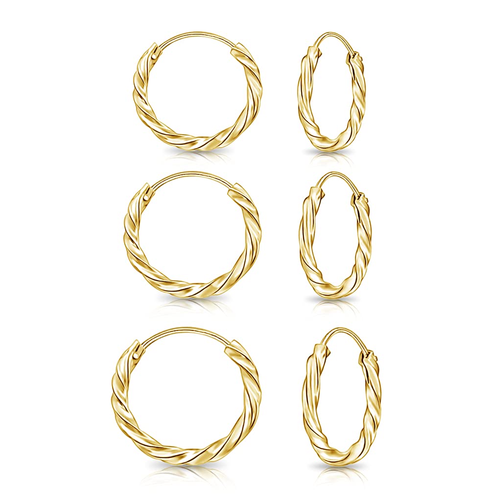 DTPsilver - Set of 3 PAIRS of TINY 925 Sterling Silver Yellow Gold Plated Twisted Hoops/Sleepers Earrings - Thickness 1.8 mm - Diameter 10, 12 and 14 mm