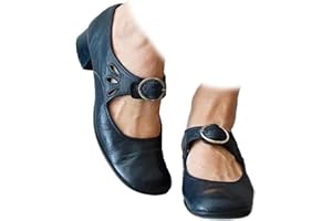 Women's Leather Mary Jane Flats with Adjustable Buckle Strap - Vintage Hollow Out Round Toe Low Heel Dress Shoes for Work & E