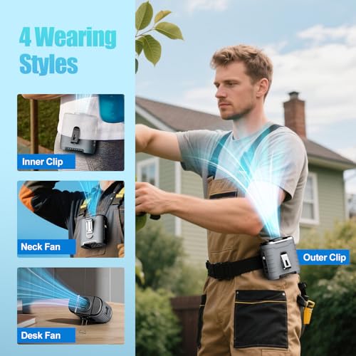 6-in-1 Waist Clip Fan, T-Shirt Fan, 10000 mAh, 5 Speed Levels, 8-40 Hours Running Time, USB Rechargeable, for Construction Site, Outdoor, Hiking, Working in Summer with COB Light & Power Bank