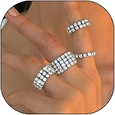 Stringex Gold Rhinestone Elastic Rings Set for Women Fashion Stackable Silver Cubic Zirconia Finger Rings Sparkle Stretch Knuckle Rings Jewelry Accessories