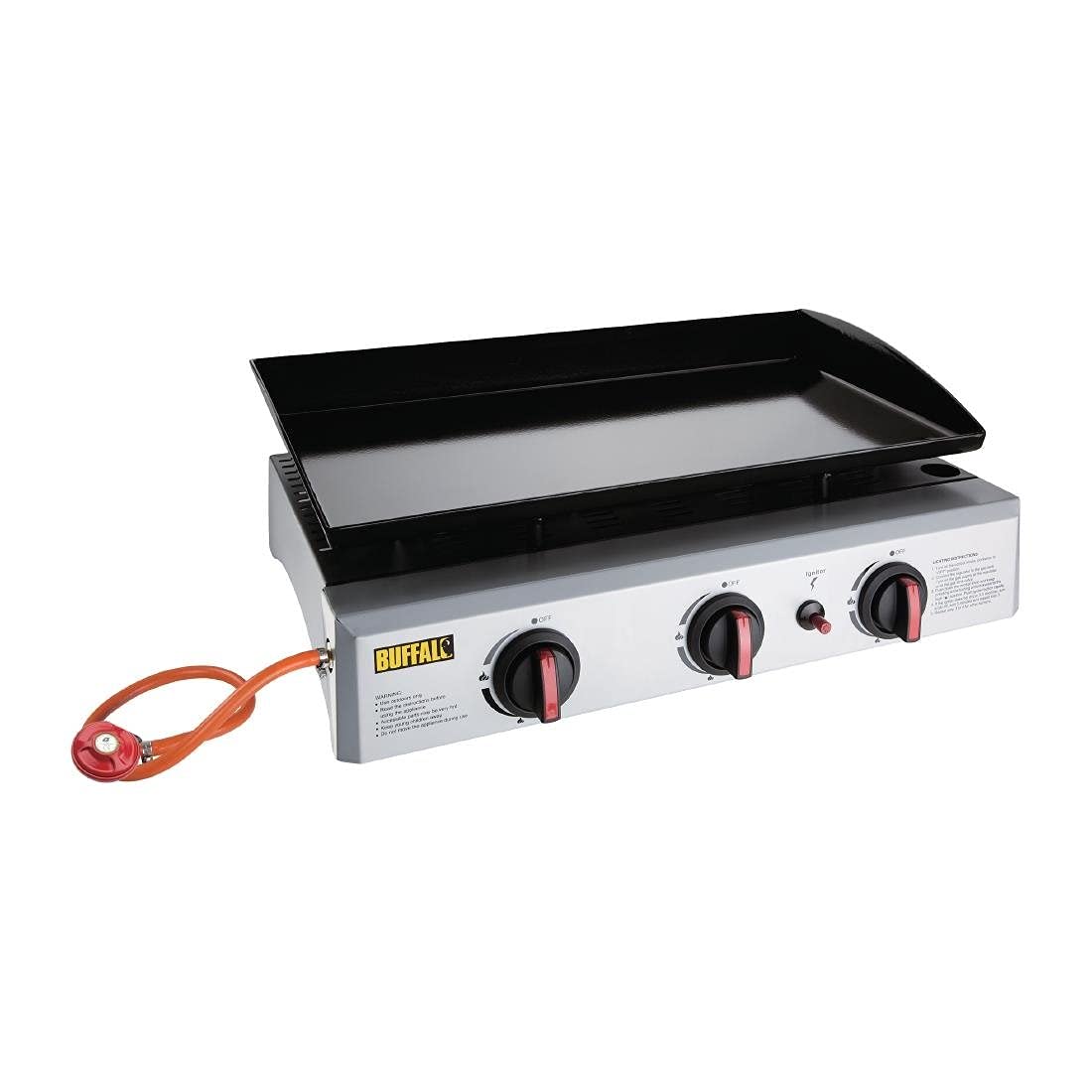 Buffalo 7.5kW Portable Outdoor 3 Burner Gas Griddle Barbecue Hotplate | Stainless Steel | Cooking Area: 630 x 360mm | Supplied with LPG Gas Regulator | CR886