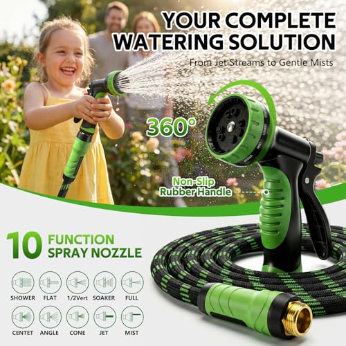 NON-EXPANDABLE Garden Hose 25 FT, Heavy Duty Steel Metal Flexible Water Hose with 10-Function Spray Nozzle, Durable Fabric Skin, No Kinks & Leak-Proof with Upgraded Handle