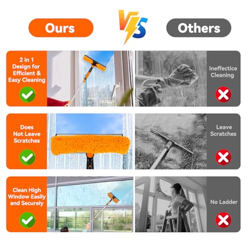 Window Cleaning Tools Window Squeegee: 2 in 1 Double-Sided Professional Cleaner Window Washing Kit with Extension Pole 4.5M Duster for High Ceilings Microfiber Scrubber for Indoor Outdoor High Glass