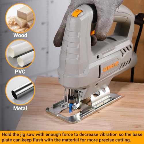 Electric Jigsaw: DEKOPRO 400W Wood Saw Jigsaw Reciprocating Jigsaws, 6 Variable Speeds 0-3000 SPM, ±45° Inclined Cut with 8 Blades for Wood, Metal and Plastic