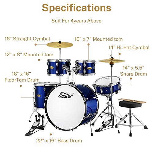 Drum Set Eastar 22 inch for Adults, 5 Piece Full Size Drum Kit Junior