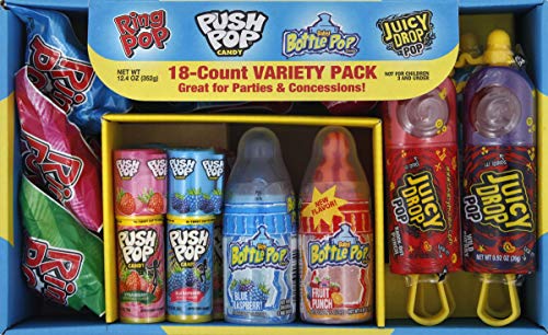 Bazooka Candy Brands, Lollipop Variety Pack w/ Assorted Flavors of Ring Pop, Push Pop, Baby Bottle Pop, and Juicy Drop Pop (18Count Box)-Gift box