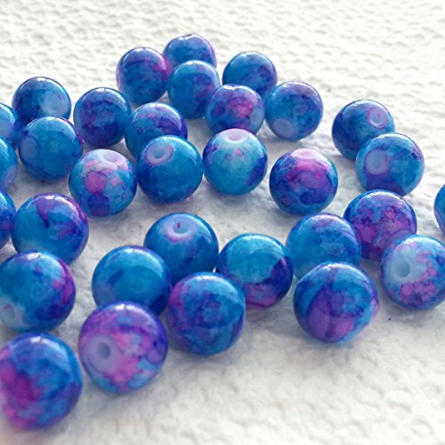 BSI - 50pcs Mix Artistic Designs Lampwork Glass Round Beads 8mm ~ Loose Beads~ (Blue & Pink Stain)