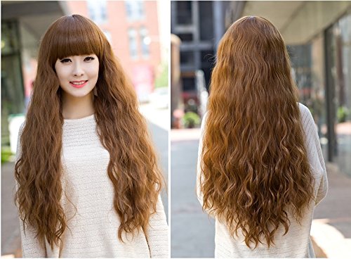 Fashion Women Hair Long Wavy Light Brown Cosplay Full Wigs Neat Bangs