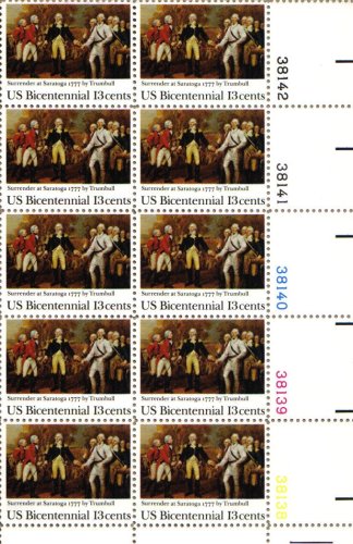 REVOLUTIONARY WAR ~ SURRENDER AT SARATOGA ~ BURGOYNE ~ TRUMBULL #1728 Plate Block of 10 x 13Â¢ US Postage Stamps