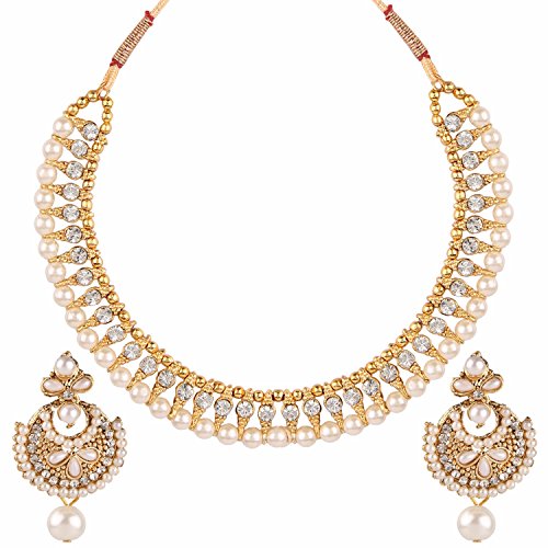 Archi Collection Base Metal and Pearl & Crystal Necklace Set for Women (Gold)